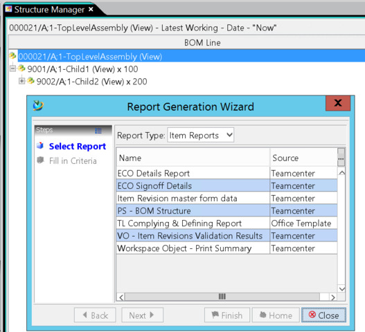 Teamcenter Structure Manager reports